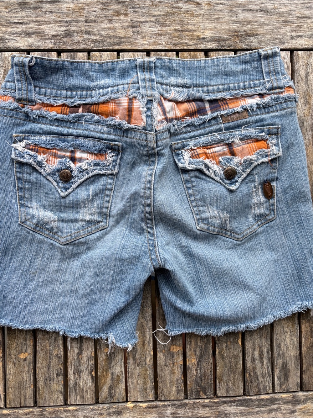 Vintage Y2K Candies Plaid Patchwork Low-Rise Denim Cut-Off Shorts